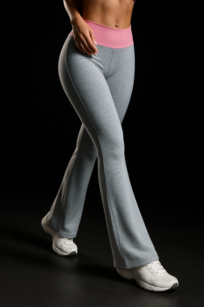 Colorblock wideband waist flare leg pants (pink waist)